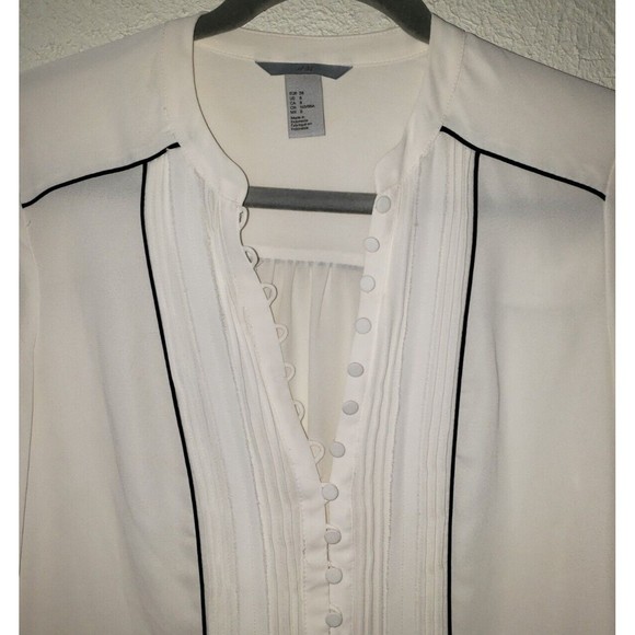 H&M White Button Up Blouse Sz 8 Chiffon Sheer 3/4 Sleeve Classic Style Top Shirt - Picture 2 of 9